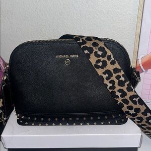 Michael Kors Black Crossbody Bag with Leopard Strap and Gold Studs